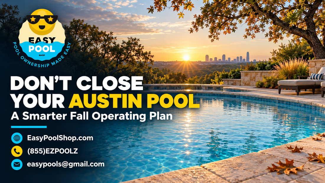 Austin swimming pool at sunset with Easy Pool Shop fall operating plan