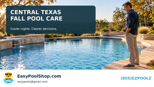 A Central Texas homeowner looks over a clear backyard pool on an early fall morning beneath a fall pool-care checklist headline.