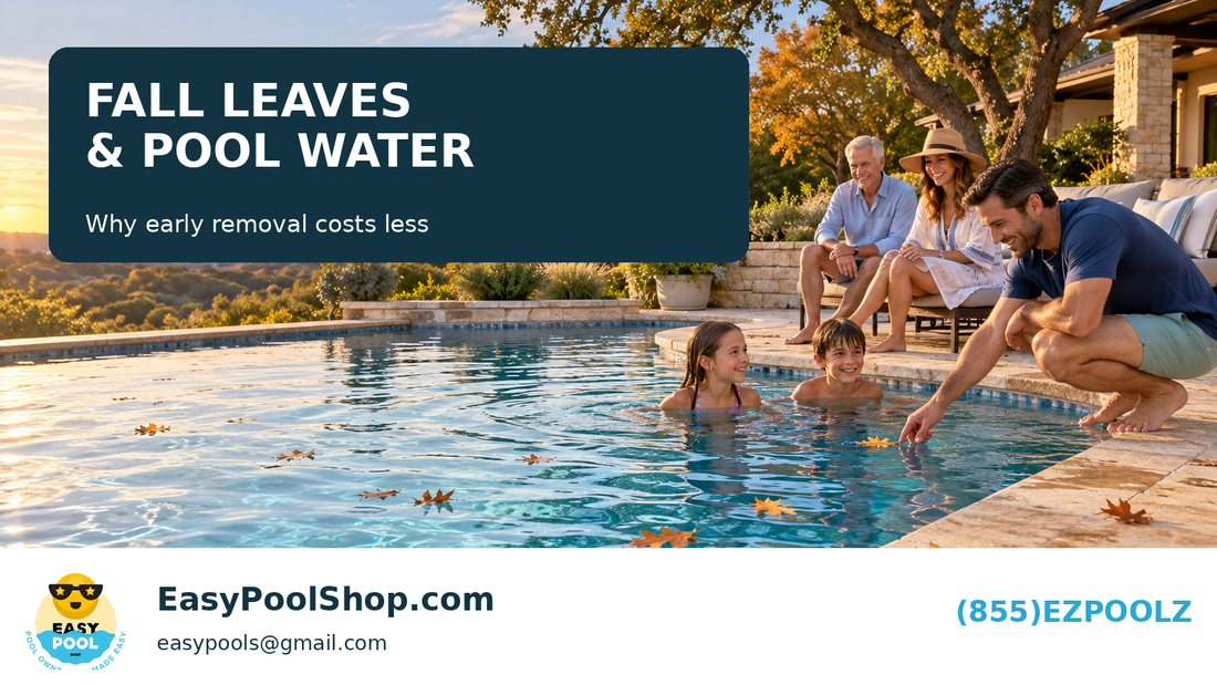 Central Texas family beside a swimming pool with early-fall leaves floating on the water.
