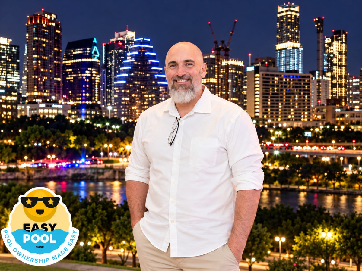 Rick supporting Easy Pool Shop customers, with the Austin skyline and Easy Pool Shop logo