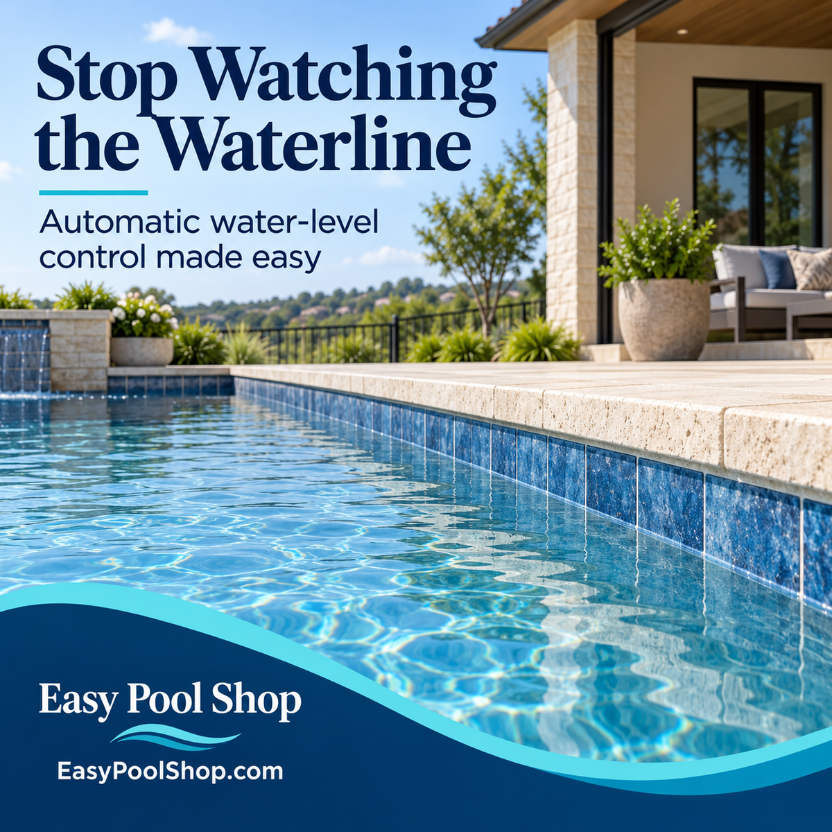 Properly filled residential swimming pool with Stop Watching the Waterline and EasyPoolShop.com branding